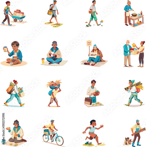 Collection of Flat Style Poor People Illustrations 

