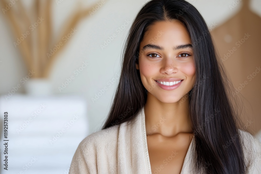 Young Woman with Long Hair and Radiant Smile in Cozy Setting Young Woman with Long Hair and Radiant Smile in Cozy Setting