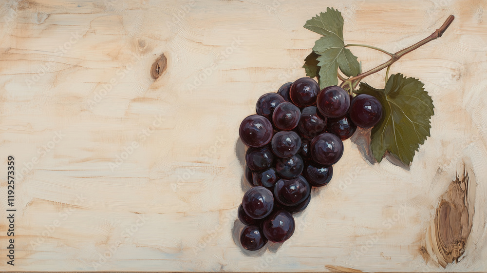 Deep purple grape, still on the vine, on a light wood grain. Deep purple grape, still on the vine, on a light wood grain.