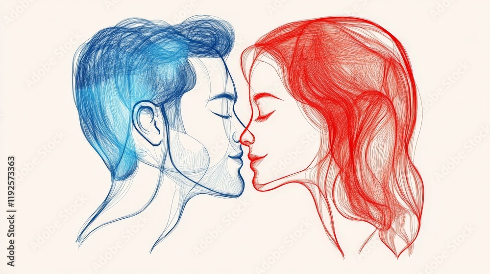 Abstract couple in red and blue pencil strokes, symbolizing love, contrast, and artistic individuality in a creative minimalist design Abstract couple in red and blue pencil strokes, symbolizing love, contrast, and artistic individuality in a creative minimalist design