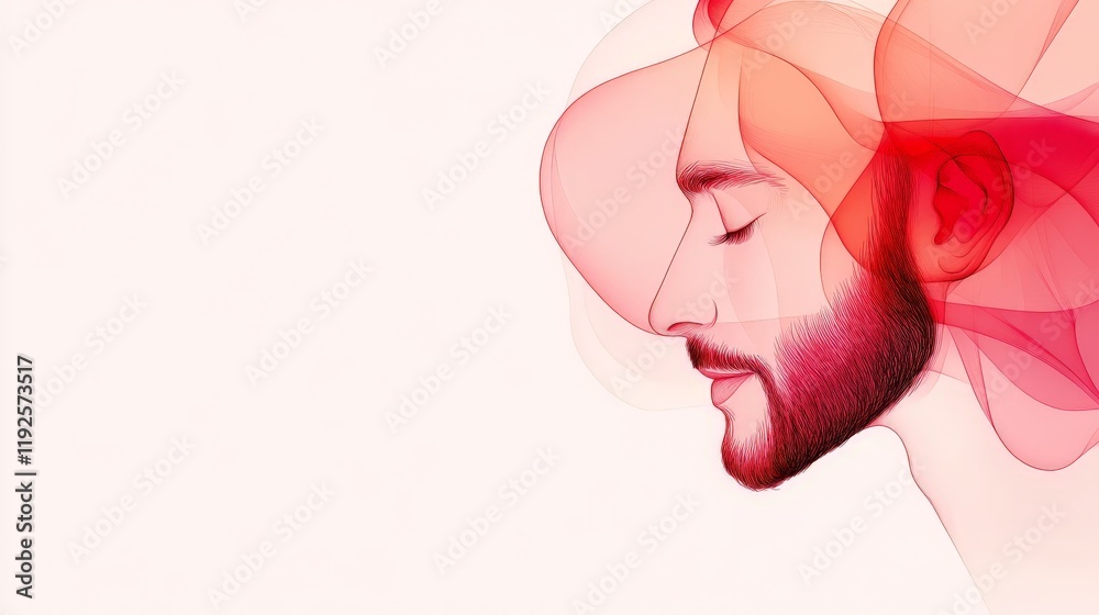 Obraz premium Abstract art portrait of a man with flowing red and pink translucent shapes, combining modern design, bold colors, and fluid motion to express creativity and emotion