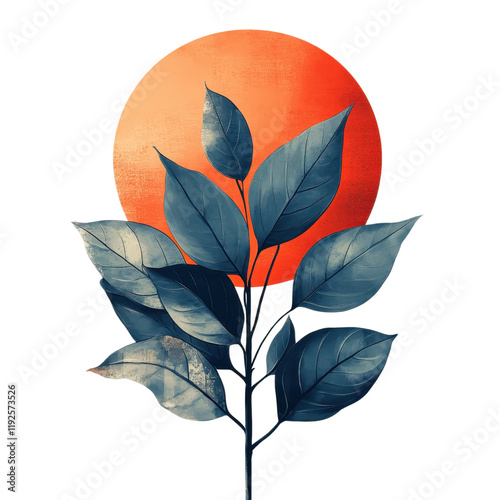 Teal Leaves Orange Sun Minimalist Botanical Art Print