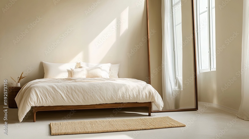 A minimalist bedroom with soft cream walls A minimalist bedroom with soft cream walls