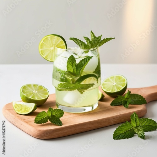 Wallpaper Mural A refreshing glass of lime and mint drink, filled with ice cubes and garnished with fresh mint leaves, placed on a wooden board. Lime wedges and mint sprigs are arranged around the glass for a natural Torontodigital.ca