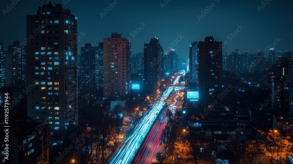 Fototapeta premium Night Cityscape: Urban Lights and Traffic Trails