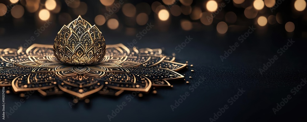 Naklejka premium Minimal symmetry idea. An elegant lotus design with intricate patterns and glowing lights in the background.