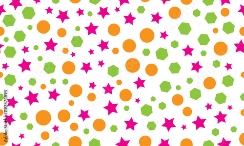 A vibrant, playful seamless pattern featuring bright pink stars, orange circles, and lime green hexagons on a crisp white background. Ideal for children's products, party invitations,website backgroud