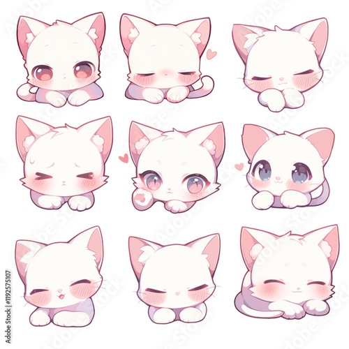 Cute kawaii ilustrations of a white cat with different expressions for stickers, emotes twitch, room decoration, logo, graphics, clipart, isolated, character design, decorative stickers