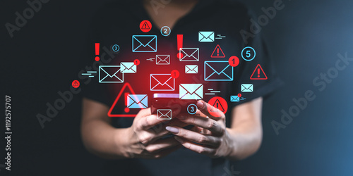Foto Smartphone with email and spam notifications overlaid digitally.
