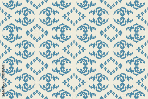 Carpet ikat floral pattern,fabric pattern on navy blue background vector illustration.Ikat ethnic oriental embroidery.Aztec style,abstract background.design for texture,clothing,decoration,carpet,rug.