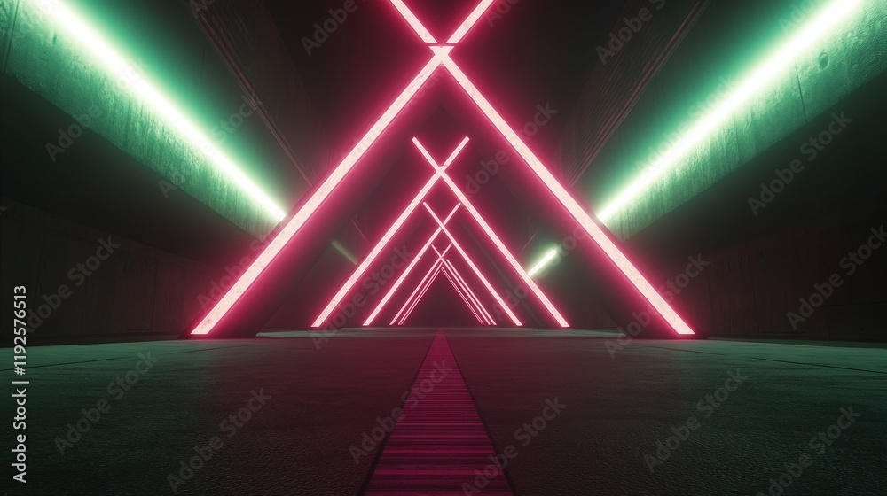 Fototapeta premium Futuristic neon tunnel, pink and green glowing lights, abstract background, architectural design, modern technology, vibrant colors, dark concrete walls.