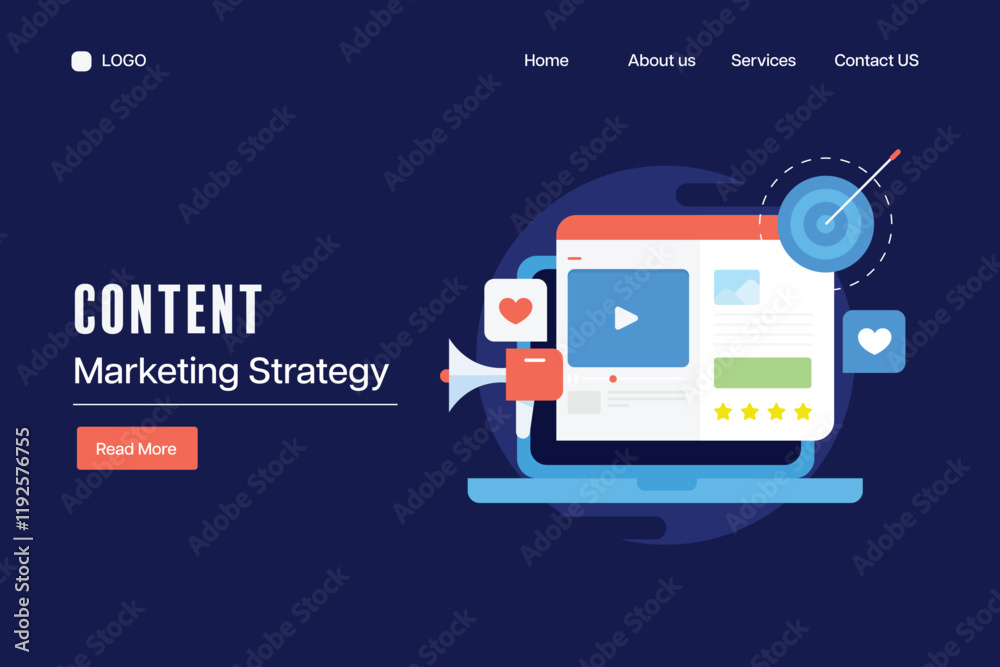 Content marketing for digital business promotion, target audience with creative content solution, blog or social media video on laptop screen, e-business marketing strategy, vector banner.