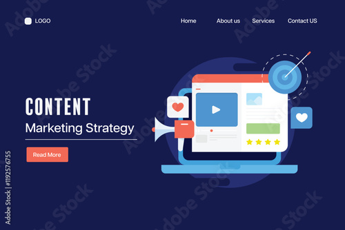 Content marketing for digital business promotion, target audience with creative content solution, blog or social media video on laptop screen, e-business marketing strategy, vector banner.