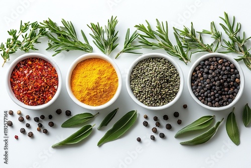 Spices and herbs in bowls on white background photo