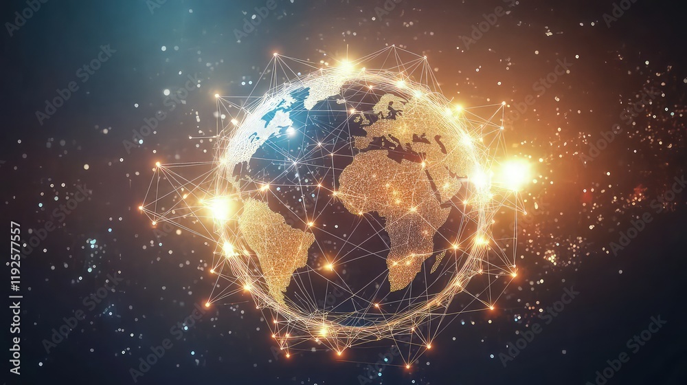 Obraz premium Digital globe depicting global network connections spreading light across the dark digital background.