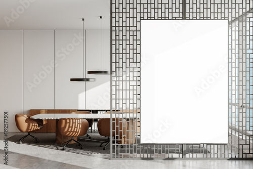 Bild auf Leinwand Modern office interior with white blank poster on metal patterned partition wall, next to conference table with chairs and natural light