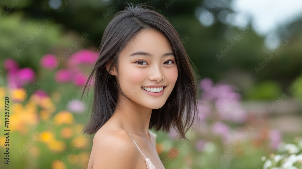 Chinese woman smiling in romantic moment at beautiful colorful flower field Chinese woman smiling in romantic moment at beautiful colorful flower field