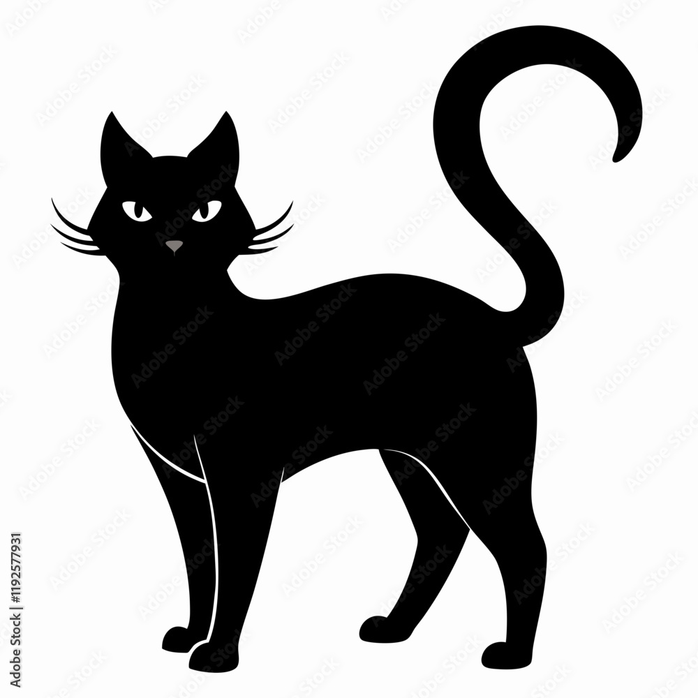 Obraz premium Black cat with arched back and raised tail silhouette vector illustration on white background