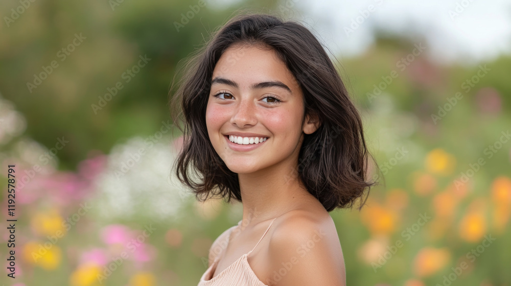 Arabian woman smiling in romantic moment at beautiful colorful flower field Arabian woman smiling in romantic moment at beautiful colorful flower field