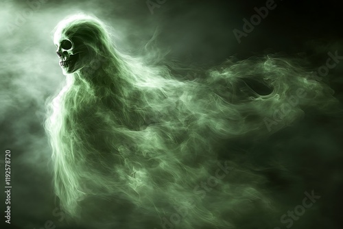 A ghostly figure emerges from the green smoke, a chilling specter of the night.