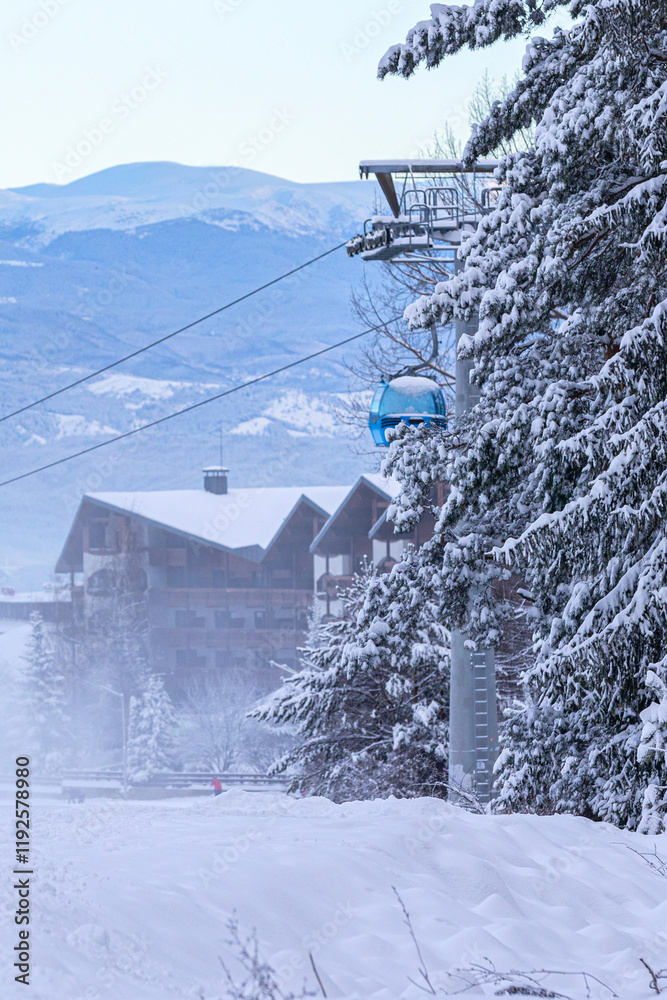 Ski resort Bansko, Bulgaria, gondola ski lift cabins Ski resort Bansko, Bulgaria, gondola ski lift cabins