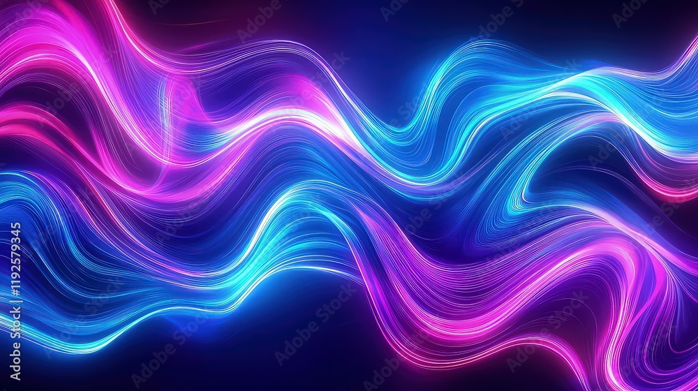 Naklejka premium Wavy neon light streams glow in vibrant pink and cyan colors against a dark backdrop.