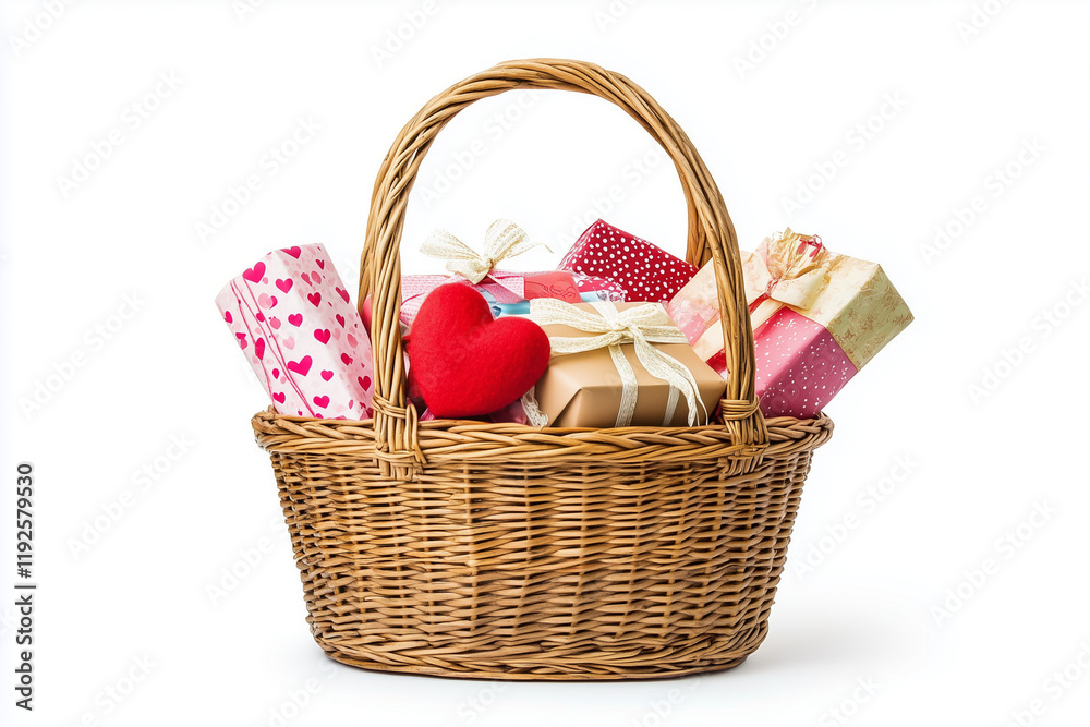 Wicker basket full of gifts isolated on white, valentine and holiday concept Wicker basket full of gifts isolated on white, valentine and holiday concept