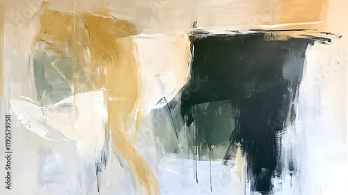 An abstract painting with expressive brushstrokes of earthy tones like ochre, sienna, and deep green, layered with hints of white for texture and depth  photo