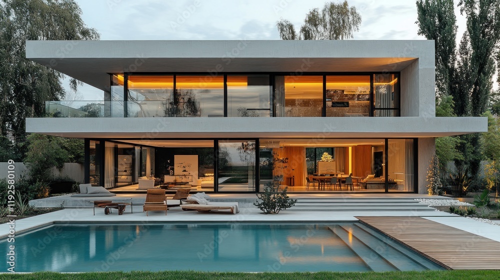 Fototapeta premium Modern Luxury Villa with Infinity Pool at Dusk