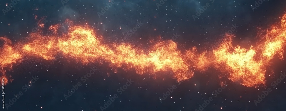Fiery cosmic river flowing through a starlit expanse, creating a dramatic and surreal celestial scene.