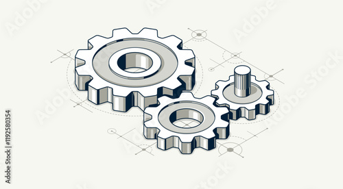 Invention renovation and development concept, gears and cogs with cad engineering drawing isometric 3D vector illustration, technology theme, machinery and engine creation.