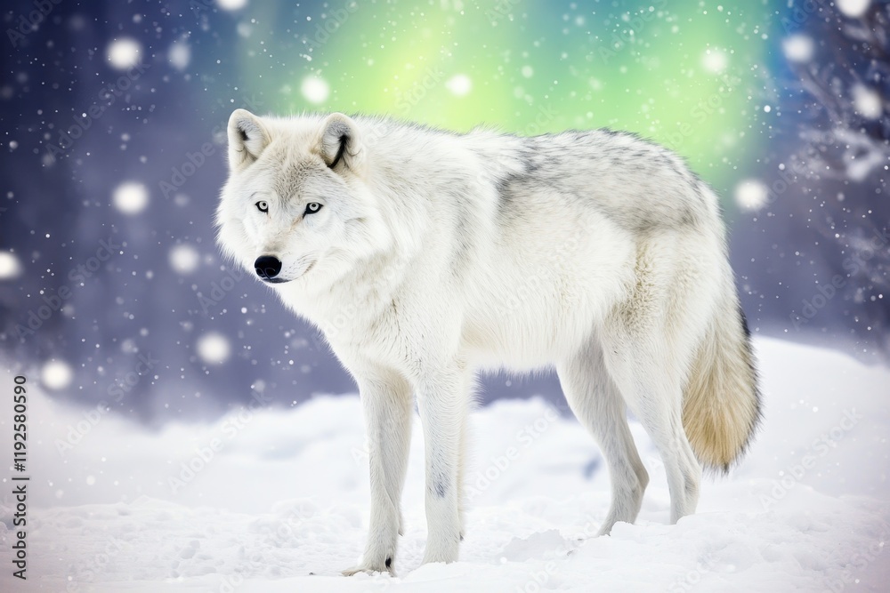 Obraz premium A snowy landscape illuminated by the aurora borealis, silhouetting a lone arctic wolf.