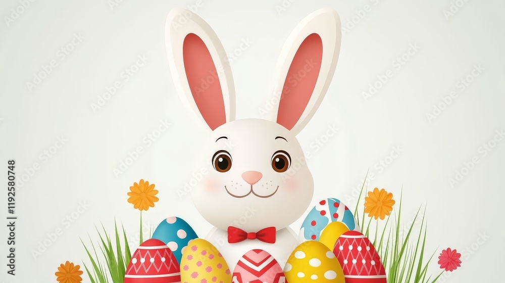 Obraz premium Playful and festive cartoon style rabbit with vibrant Easter eggs and colorful spring flowers on a light beige background, perfect for seasonal children’s illustrations or holiday designs