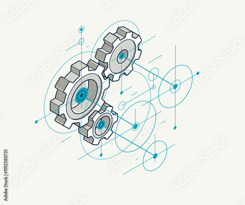 Invention renovation and development concept, gears and cogs with cad engineering drawing isometric 3D vector illustration, technology theme, machinery and engine creation.