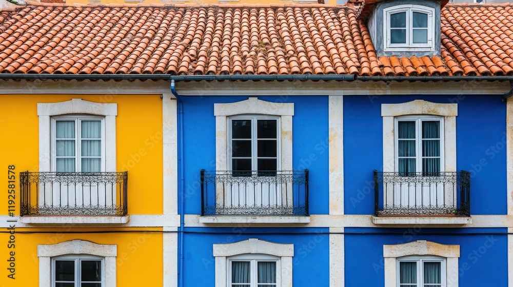 Fototapeta premium Vibrant yellow and blue building facade with traditional architecture, featuring ornate balconies and terracotta roof tiles. Ideal for travel, architecture, and design projects.