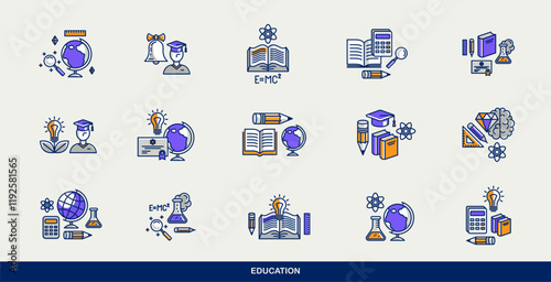 Education vector icons set, school study of science, university and academy learning, different disciplines knowledge.