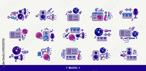 Sound producing and audio engineering vector detailed icons set, music mix and recording studio bundle, equipment and instruments.