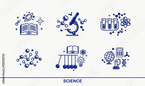 Science vector detailed icons set, molecules and atoms laboratory experiment, book university study, flask and tube experiment.