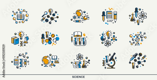 Science vector detailed icons set, molecules and atoms laboratory experiment, book university study, flask and tube experiment.