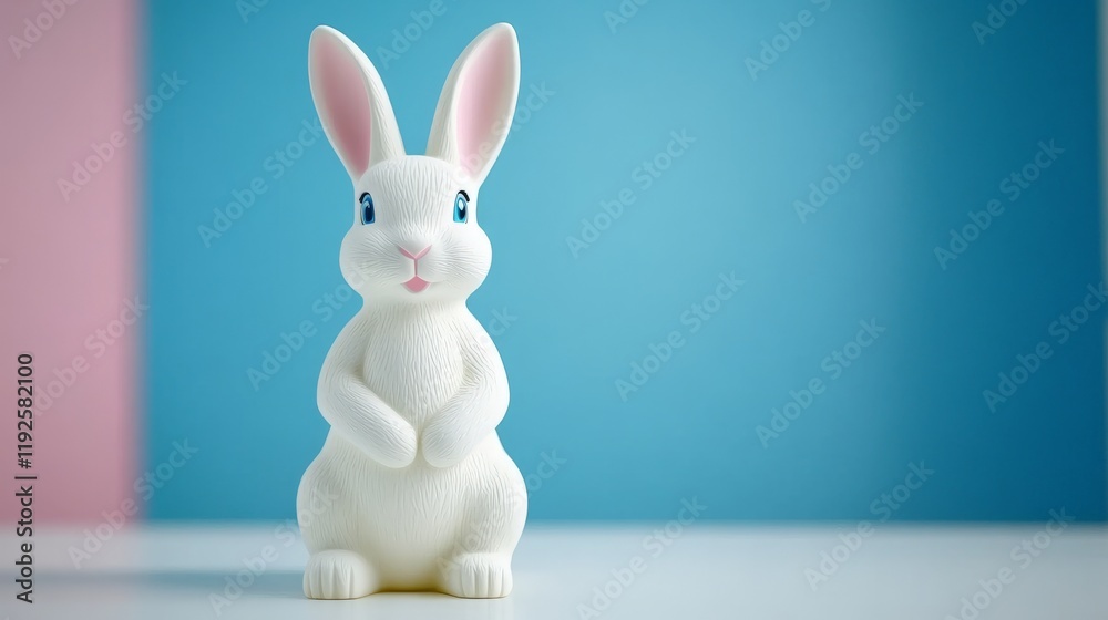 Obraz premium Realistic white ceramic rabbit figurine standing on a smooth turquoise surface with a bright background, representing contemporary springtime decor and minimalist design