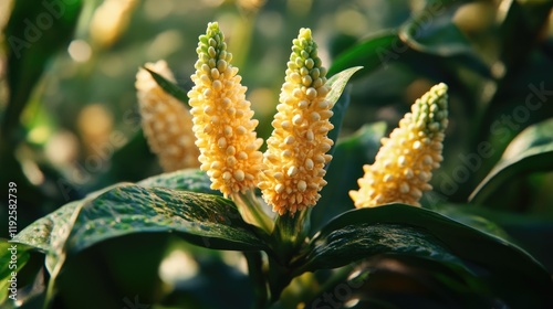 Closeup of vibrant fresh fagonia plant showcasing its unique yellow flowers and lush green leaves in natural light. photo