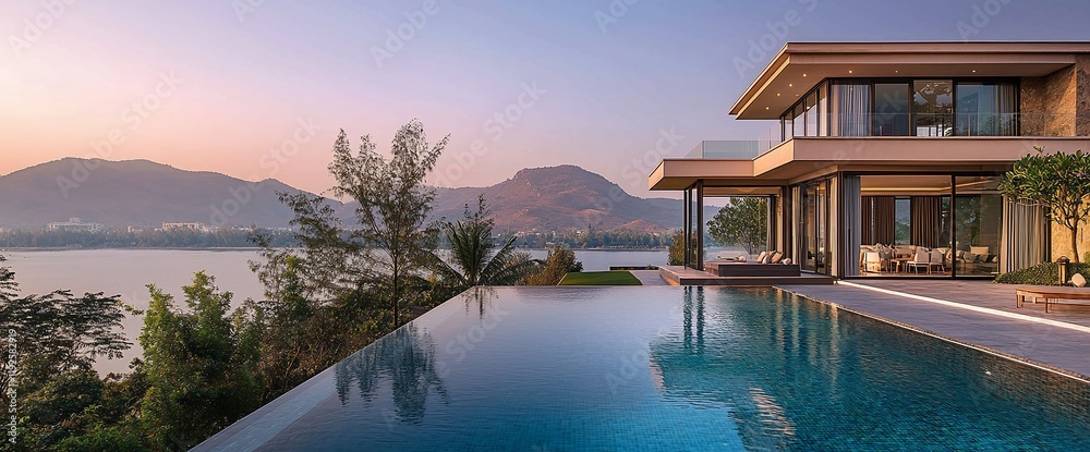 Fototapeta premium Modern villa with infinity pool overlooking lake and mountains at sunset.