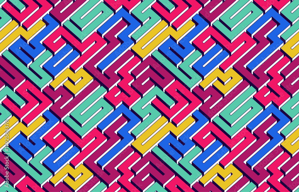 Fototapeta premium Labyrinth seamless background, 3D geometric endless pattern of logic maze, isometric vector dimensional cubical background.