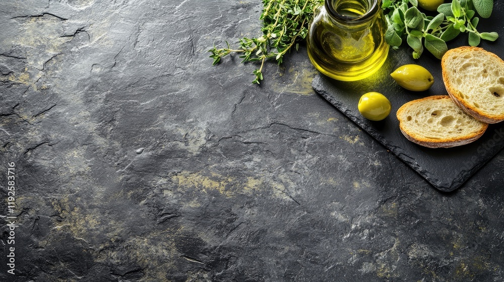 Mediterranean Snack Selection with Olive Oil Herbs and Artisan Bread on Slate Board Top View Copy Space Mediterranean Snack Selection with Olive Oil Herbs and Artisan Bread on Slate Board Top View Copy Space