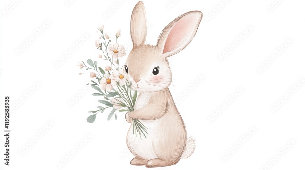 Obraz premium Cute rabbit holding a bouquet of flowers in a charming illustration with delicate colors and soft details. Generative AI