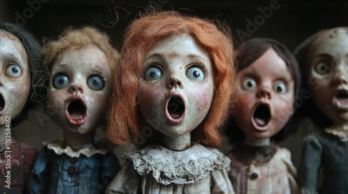 vintage dolls with expressive open mouths showcasing haunting features and intricate details in a curious arrangement