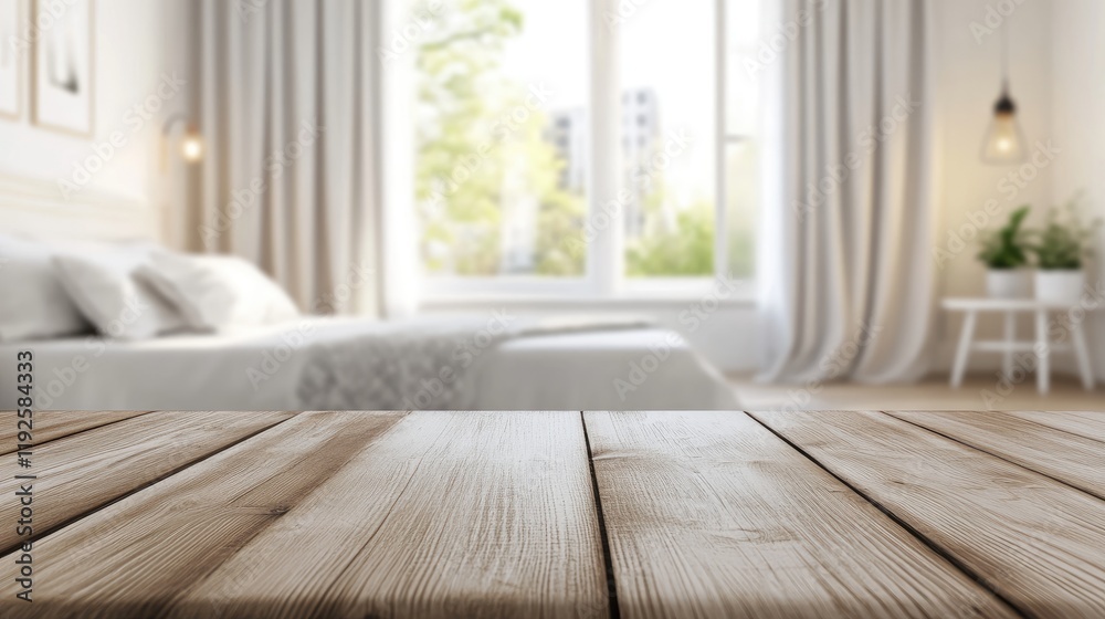 Fototapeta premium Wooden Table in Focus with Softly Blurred Contemporary Bedroom and Windows Natural Light Streaming In