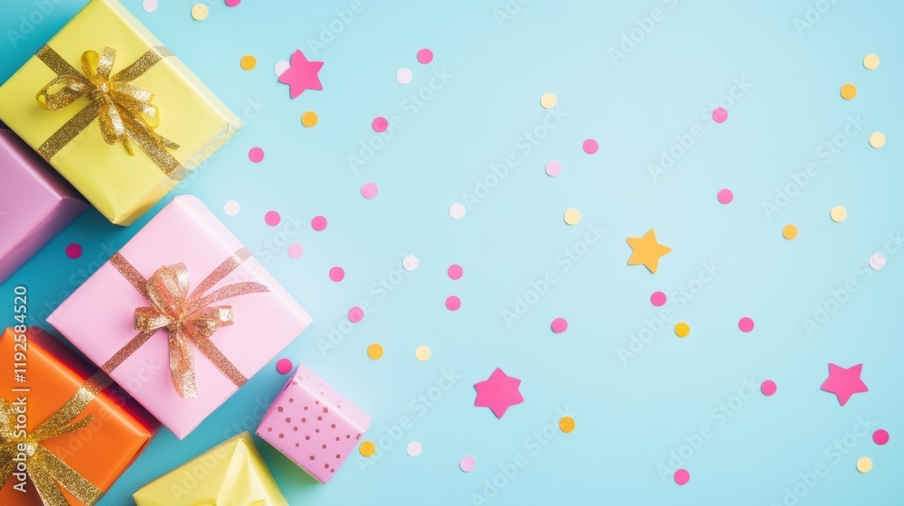 Colorful gift boxes with ribbons on a light blue background, surrounded by scattered stars and confetti. Perfect for celebrations! Colorful gift boxes with ribbons on a light blue background, surrounded by scattered stars and confetti. Perfect for celebrations!