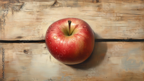 A single, unblemished apple with a crisp stem, a drop of water on its skin, against a light wood grain. photo