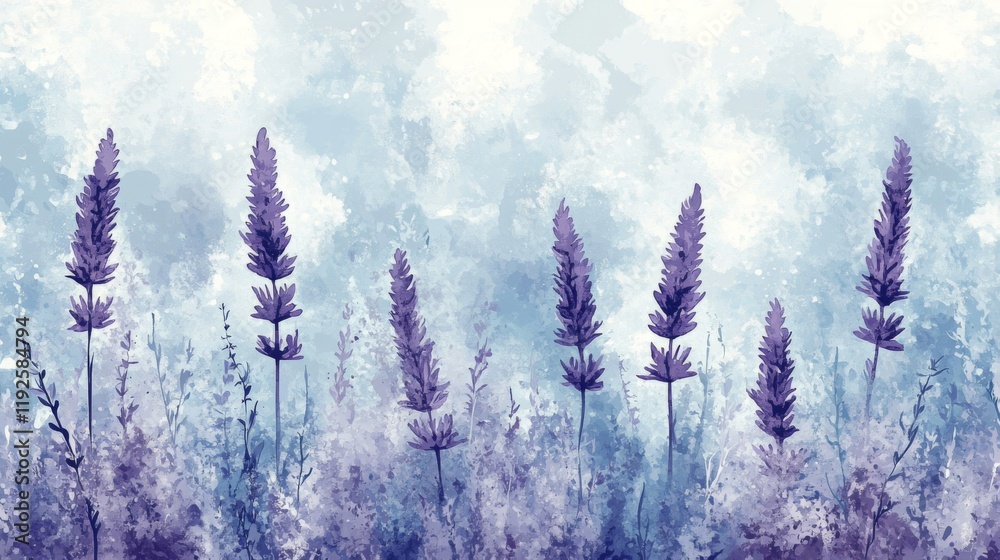 Lavender Blooms in a Soft Blue Watercolor Landscape Lavender Blooms in a Soft Blue Watercolor Landscape
